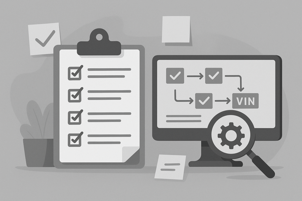 Graustufen-Illustration mit Checkliste auf Klemmbrett und Monitor mit einfachem Flow-Diagramm; eine Lupe über einem Zahnrad symbolisiert Nachvalidierung und Qualitätskontrolle (z. B. VIN-Prüfung).