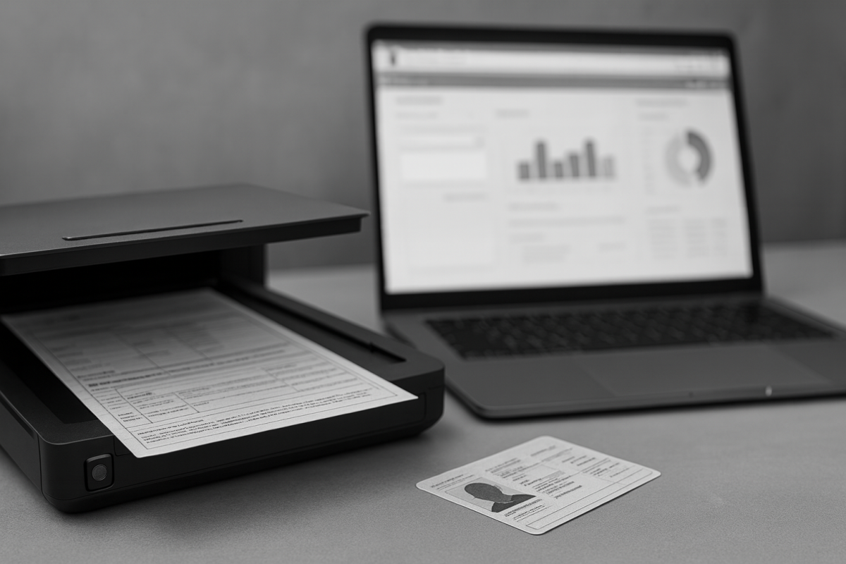 Schwarz-weißes Foto eines Schreibtischs mit geöffnetem Flachbettscanner (Fahrzeugdokument eingelegt), daneben ein Laptop mit unscharfem CRM-Dashboard und eine Ausweiskarte im Vordergrund – Symbol für das Auslesen von Ausweis- und Fahrzeugpapieren in Salesforce.