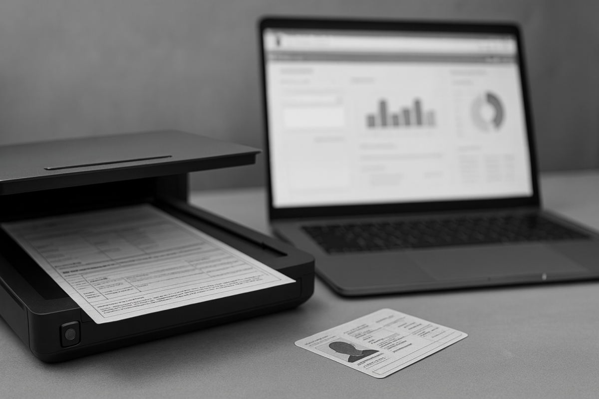 Schwarz-weißes Foto eines Schreibtischs mit geöffnetem Flachbettscanner (Fahrzeugdokument eingelegt), daneben ein Laptop mit unscharfem CRM-Dashboard und eine Ausweiskarte im Vordergrund – Symbol für das Auslesen von Ausweis- und Fahrzeugpapieren in Salesforce.
