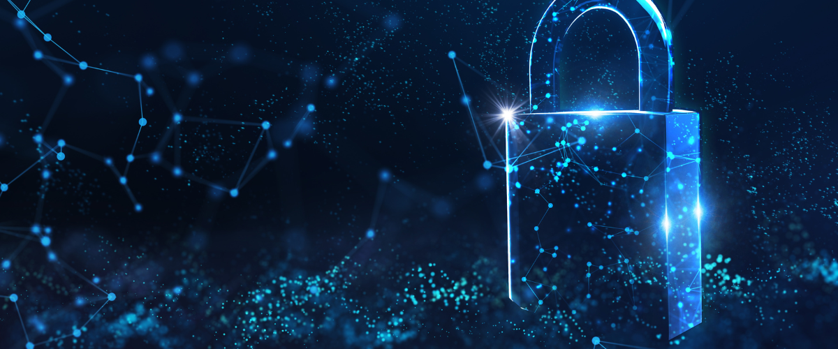 A lock in blue surrounded by connections.