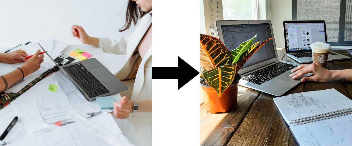 You can see a picture with two people working on a table with a huge pile of paper around them. On the second picture in comprehension you can see a clean desk with only a small notebook as the only paper left. A arrow in the middle shows the transition from the first to the second picture.